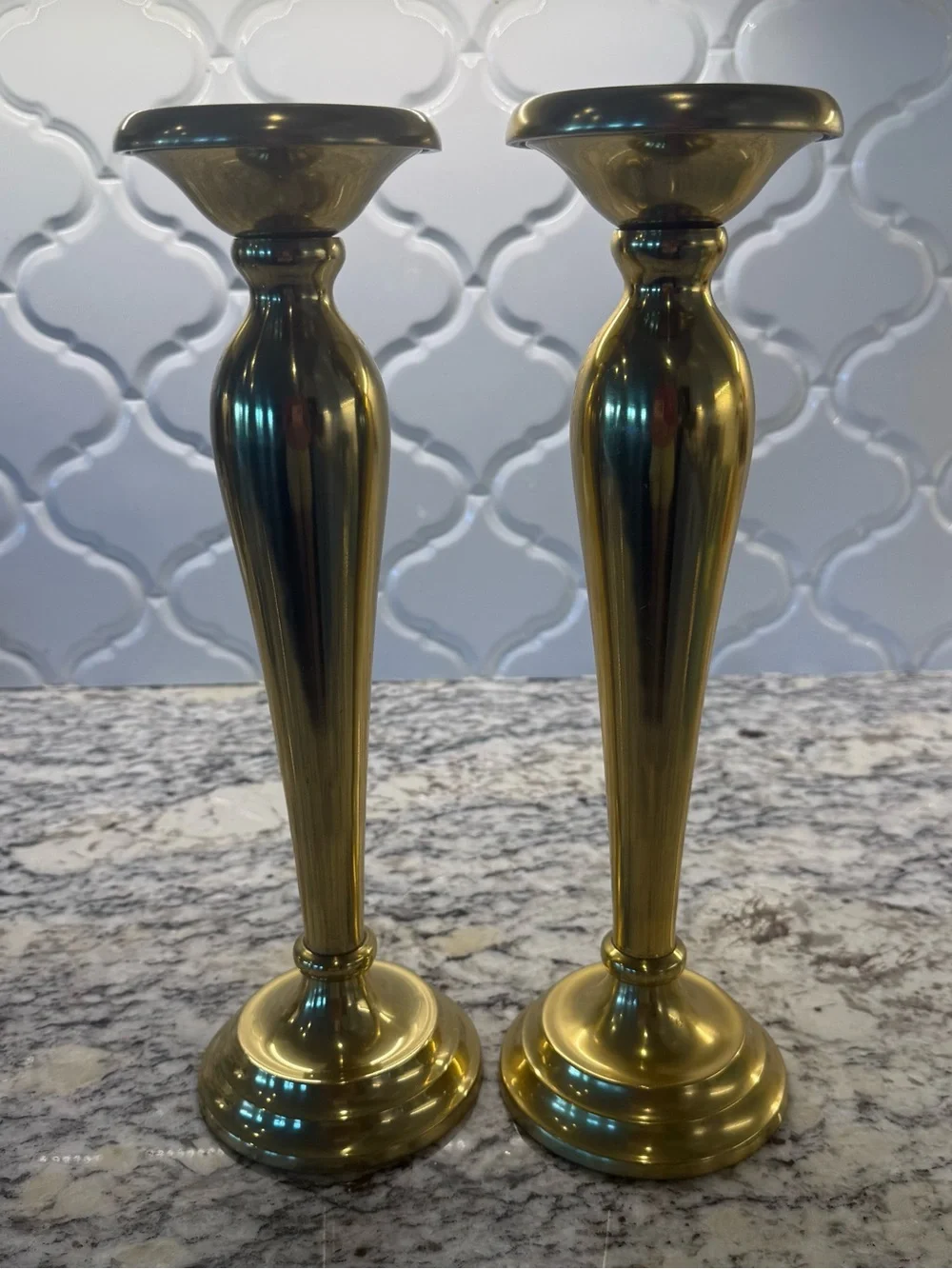 Pier 1 Imports Tall Polished Brass Pillar Candlestick Holders (Pair of 2) 13.5”